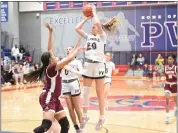  ?? MIKE CABREY/MEDIANEWS GROUP ?? Plymouth Whitemarsh’s Abby Sharpe (20) rises for a jumper against Abington during their District 1-6A playback on Saturday, Feb. 25, 2023.