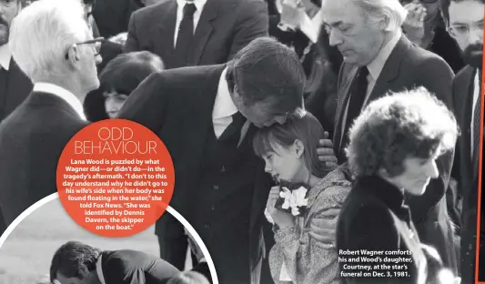  ??  ?? Robert Wagner comforts his and Wood’s daughter, Courtney, at the star’s funeral on Dec. 3, 1981.