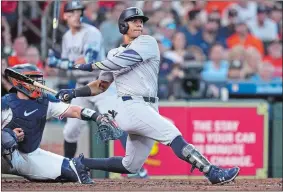  ?? KEVIN M. COX/AP PHOTO ?? New York Yankees outfielder Juan Soto hits an RBI single during the fifth inning of Thursday’s game against the Houston Astros in Houston.