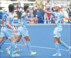  ?? HOCKEY INDIA PHOTOS ?? Indian team celebrates a goal in Ipoh on Sunday.