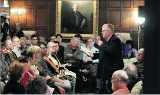  ?? JASON KRYK/THE Windsor Star ?? Poet Bruce Meyer reads to a packed Willistead Manor during a gathering of six Canadian Poets
Laureate on Tuesday, Sept. 25.