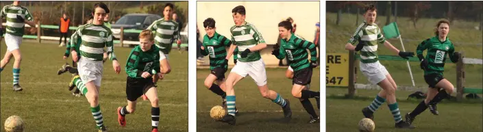  ??  ?? George Spencer (Shamrock Rovers) and Alan O’Connor (Gorey Celtic) in action in the Under-14 Cup recently. Darragh Farrell of Shamrock Rovers is pursued by Gorey Celtic duo Cian Hughes and Josh Whyte. Darragh Farrell (Shamrock Rovers) and Josh Whyte...