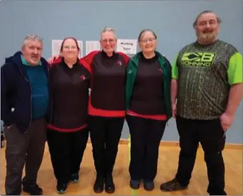  ??  ?? Pictured at the National Indoor Championsh­ips were (l to r) Christy Banks, Claudia Heinze, Ann Marie Murray, Deirdre Rogers and Éamonn Rogers (missing from photo Brendan Forde).