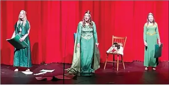  ?? ?? From left, Annabeth Larsen, Elise Kelley and Lana Bounds singing “I know It’s Today” from Shrek the Musical for the Pea Ridge High School and Junior High School choirs Blackhawks on Broadway.