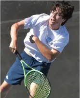  ?? Signal file photo ?? Andrew Belcher of Saugus serves against West Ranch during a game earlier in the season.