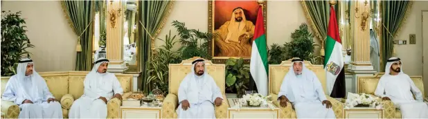  ?? Wam ?? LEADERS SHARE JOY OF EID: The President, His Highness Sheikh Khalifa bin Zayed Al Nahyan, and His Highness Sheikh Mohammed bin Rashid Al Maktoum, Vice-President and Prime Minister of the UAE and Ruler of Dubai, received Their Highnesses the Supreme...