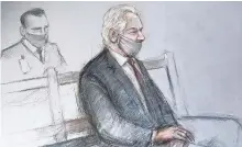  ??  ?? Julian Assange, pictured in a court sketch, is at high risk of taking his own life, a psychiatri­st has said