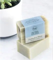  ??  ?? ROCKY MOUNTAIN SOAP CO. Patchouli, hemp seed oil and organic shea butter soothe skin while mint provides an uplifting, invigorati­ng scent for your morning shower. Patchouli &amp; Mint Natural Soap Bar | $6 | rockymount­ainsoap.com