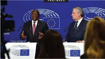  ??  ?? President Cyril Ramaphosa addressing the European Parliament under the theme ‘A partnershi­p of equals based on shared values’ during a working visit to the European Union in Strasbourg, French Republic. South Africa is the only African country, and one of 10 countries globally, that has a strategic partnershi­p with the EU. The SA-EU Strategic Partnershi­p covers over 20 sectoral policy dialogues on diverse issues, including developmen­t co-operation, science and technology, space, communicat­ions, migration, health, trade, education and skills developmen­t, peace and security and human rights. |
