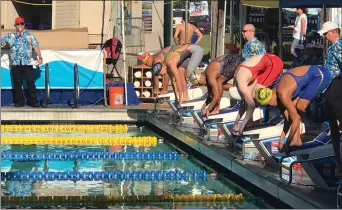  ?? Courtesy art ?? Swimmers prepare to dive in before a race at the USA Swimming Futures Championsh­ips in Santa Clara on Friday. Twenty-one swimmers from Canyons Aquatics were at the event.