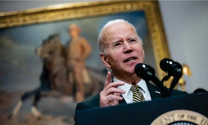  ?? Photograph: Al Drago/EPA ?? Joe Biden in the Roosevelt Room of the White House on Wednesday. ‘You should not be using your profits to buy back stock or for dividends,’ he told the oil companies.