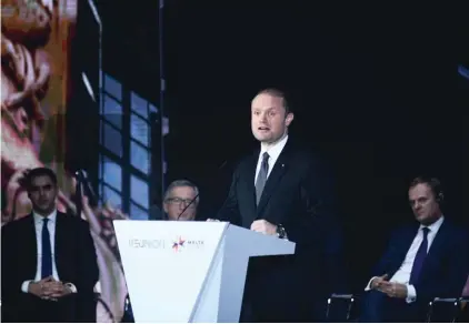  ??  ?? Prime Minister Joseph Muscat addressing last night’s ceremony. Behind him is European Council President Donald Tusk (right), European Commission President Jean-Claude Juncker (centre) and Parliament­ary Secretary for the EU Presidency Ian Borg.
Photo:...