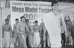  ??  ?? Contestant­s for Mr Bahadurgar­h, staged in 2008 in the Haryana town of the same name, were shy to go shirtless and only signed up when they were assured there would be no swimsuit round. (Below) Aruna Rao, winner of the Mrs Tiara contest for short women.