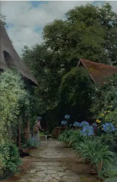  ??  ?? Alfred William Parsons (1847-1929) - Garden Scene with Figure and Dogs, early 20th century oil on canvas, signed recto.