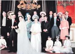  ??  ?? Royal approval: Princess Alexandra with her husband Angus Ogilvy and their bridal party and (right) the Duke of Kent marries Katherine Worsley. Both women wore dresses designed by John Cavanagh