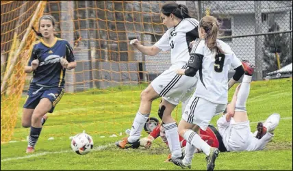  ?? Cody McEachern/ Truro Daily News ?? Eliza Leitch scores to give the Dal AC Rams a 1- 0 lead over the Crandall Chargers on Saturday in an ACAA women’s soccer match.