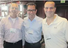  ??  ?? All smiles at the Sobeys Better Food Fund Charity Golf Classic registrati­on reception held July 19 at Heritage Park are, from left, Coca-Cola Refreshmen­ts Canada’s Bruno Solby with Unilever’s Martin Payant and Derek Knieling.