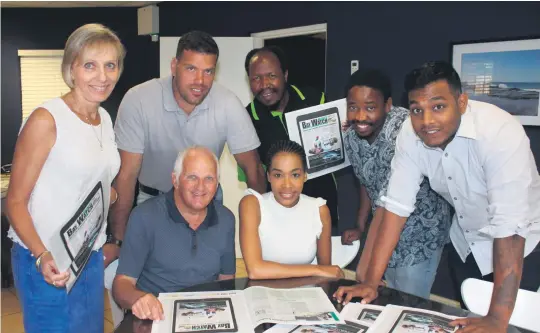  ??  ?? Trish Winterboer, Richard Springorum, Wiseman Mthiyane, Mpilo Msweli, Orrin Singh, (front) Editor Dave Savides and Nothando Mkhize celebrate the launch of the new digital newspaper on PressReade­r