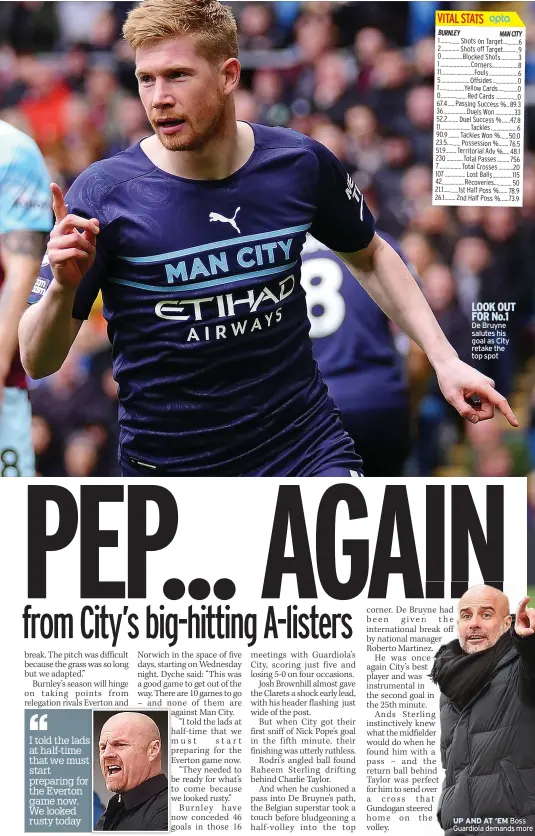  ?? ?? LOOK OUT FOR No.1 De Bruyne salutes his goal as City retake the top spot