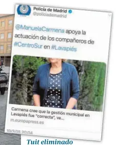  ??  ?? Tuit eliminado Este mensaje se eliminó. Según el encargado de las redes se debió a que la foto salía cortando la cabeza a la alcaldesa. No volvió a subirlo.