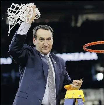  ?? — THE ASSOCIATED PRESS FILES ?? Blue Devils head coach Mike Krzyzewski cuts down the net after Duke beat Gonzaga on Sunday to advance to the NCAA Final Four.