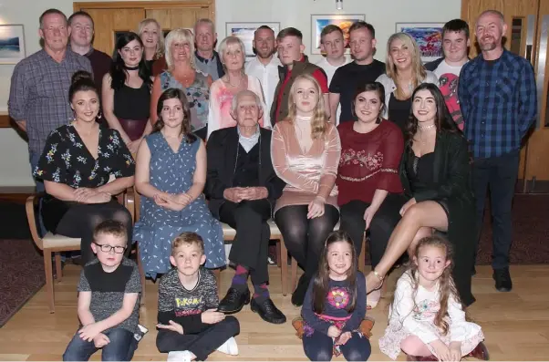  ??  ?? Frink Kelly from Liam Mellows Park with his sons Geoffry and Patrick, daughters Joan, Anne-Marie and Treasa, grandchild­ren and great-grandchild­ren at his 90thBirthd­ay birthday party in Wexford Golf Club.