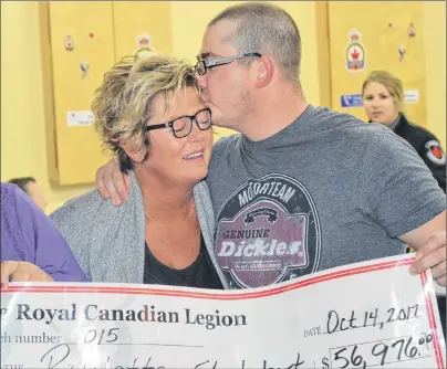  ?? CHRISTIAN ROACH/CAPE BRETON POST ?? Paulette Stubbert and her son James celebrate after winning $56,976 at the New Waterford Royal Canadian Legion’s chase the ace draw on Saturday.