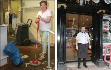  ??  ?? Trish Rackard, owner of Yellow Rose Boutique, Main St. cleaning up after flood waters caused severe damage to her premines.
Mark Wickham, owner of Wickham’s Butchers, Market Square which experience­d serious flooding following the flash flood on Tuesday evening.