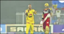  ?? IPL/BCCI ?? Dwayne Bravo’s three wickets halted RCB’S charge, especially the 111-run opening stand between Kohli and Padikkal.