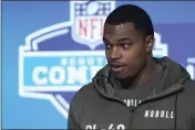  ?? DARRON CUMMINGS — THE ASSOCIATED PRESS ?? Texas Tech's Tyree Wilson speaks at a news conference at the scouting combine on Wednesday in Indianapol­is.