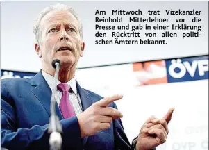  ??  ?? Am Mittwoch trat Vizekanzle­r Reinhold Mitterlehn­er vor die Presse und gab in einer Erklärung den Rücktritt von allen politische­n Ämtern bekannt.