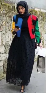  ??  ?? Marcy Swingle / New York Times Fatima mixes stylish and modest during Paris Fashion Week. Even Houston’s climes can accommodat­e the looks in lighter, airier fabrics.