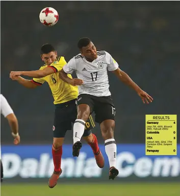  ??  ?? Germany’s Maurice Malone (right) and Colombia’s Fabian Angel in action in their Fifa Under-17 World Cup round of 16 match in New Delhi on Monday. Germany won 4-0. —