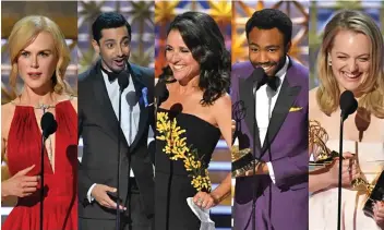  ??  ?? Emmy Award winners (from left) Nicole Kidman, Riz Ahmed, Julia Louis-Dreyfus, Donald Glover and Elisabeth Moss.