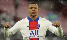  ?? Photograph: Alexander Hassenstei­n/Getty Images ?? Kylian Mbappé celebrates after scoring Paris Saint-Germain’s first goal against Bayern Munich.