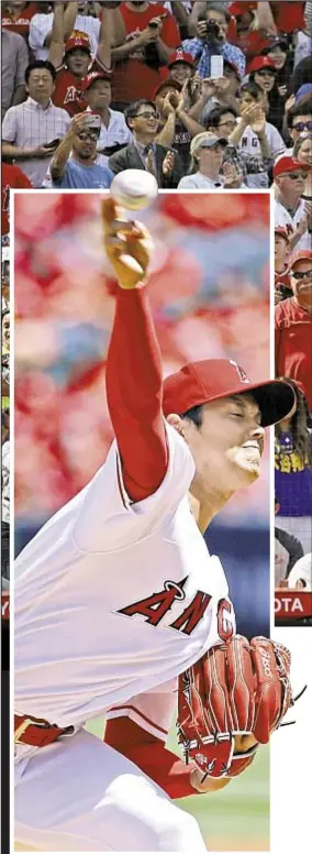  ?? AP ?? Angels slugger/pitcher Shohei Ohtani makes news with his arm instead of his bat for a day, taking perfect game into seventh inning in his first home start for Anaheim.
