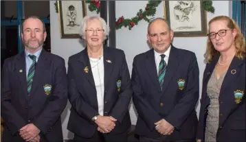  ??  ?? At St. Helen’s Bay Golf Club (from left): outgoing captains Padraig Tiernan and Patricia Williams, with new captains Kieran Whelan and Emer Farrell.