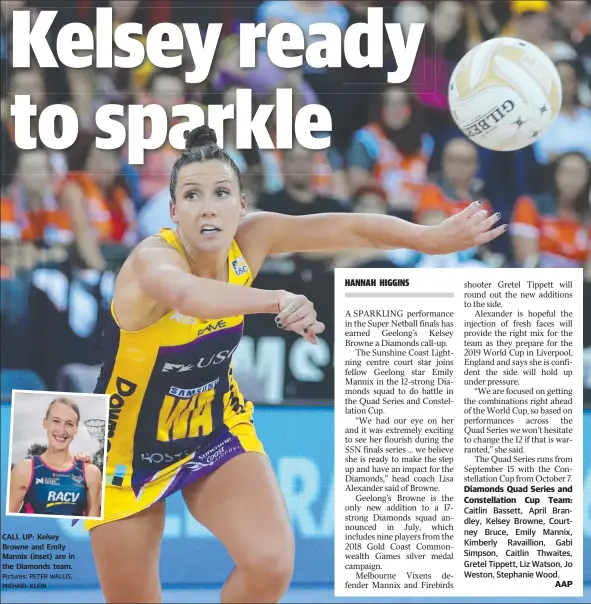  ?? Pictures: PETER WALLIS, MICHAEL KLEIN ?? CALL UP: Kelsey Browne and Emily Mannix (inset) are in the Diamonds team. AAP