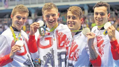  ??  ?? Glory boys Duncan Scott (left) with Adam Peaty, Chris Walker-Hebborn and James Guy after they clinched silver in the 4x100m medley relay at the Rio Olympics