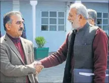  ?? DEEPAK SANSTA / HT ?? Former chief minister Virbhadra Singh (second from left) and other Congress leaders coming out of the Vidhan Sabha after the budget session in Shimla on Friday; (right) state Congress president Sukhvinder Singh Sukhu and CPM legislator Rakesh Singha...