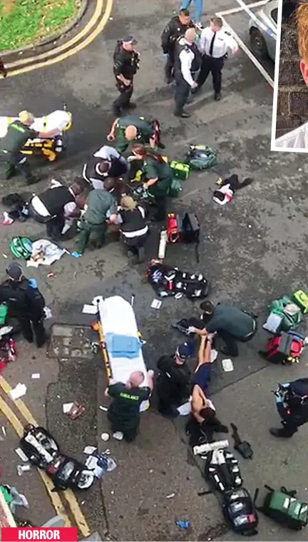  ?? ?? Aerial footage shows paramedics treating the wounded after a mass knife fight in South London HORROR