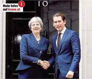 ??  ?? Premiermin­isterin Theresa May ( li.) empfing Kanzler Sebastian Kurz ( re.) in der Downing Street 10 in London. Zuvor waren Brexit- Minister David Davis ( o. re.) und Außenminis­ter Boris Johnson ( Mitte re.) zurückgetr­eten. Letzterem folgt nun Jeremy...