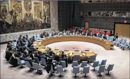  ?? DREW ANGERER / GETTY IMAGES ?? The United Nations Security Council meets Monday at U.N. headquarte­rs in New York City. An Arab-sponsored resolution calling on the body to condemn Israeli settlement­s in the West Bank was pulled before the council could vote.