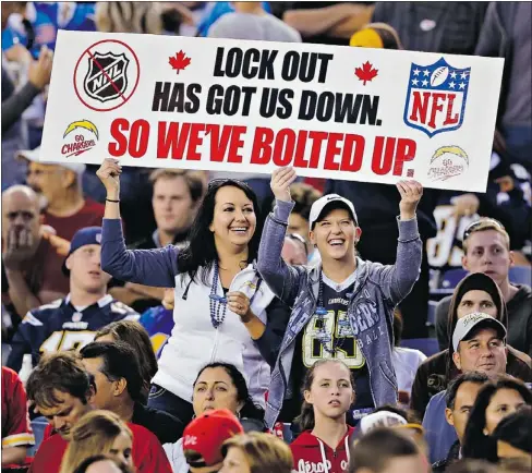  ?? — REUTERS ?? The longer the lockout drags on, the more fans the NHL will lose — like these two San Diego Chargers fans.