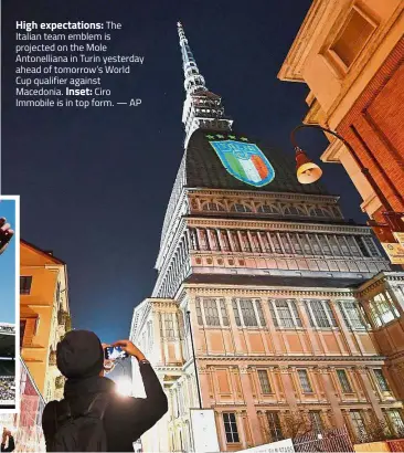  ??  ?? The Italian team emblem is projected on the Mole Antonellia­na in Turin yesterday ahead of tomorrow’s World Cup qualifier against Macedonia. Inset: Ciro Immobile is in top form. — AP