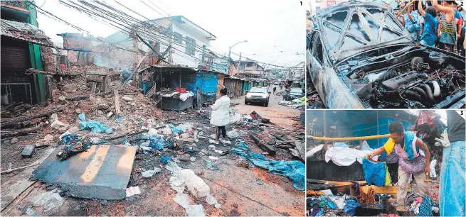  ?? FOTOS: D. ROMERO/J. MAGALLANES ?? (1) Así de destruida quedó la zona luego de la explosión e incendio, el viejo edificio de adobe de unos 50 años se vino abajo. (2) Las llamas alcanzaron a un taxi que circulaba por la zona, el lento tráfico le impidió salir del lugar. (3) Varios locatarios intentaron recuperar alguna mercadería, pero las pérdidas fueron totales en los negocios.