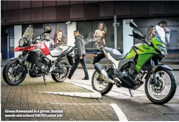  ??  ?? Green Kawasaki is a given. Suzuki needs old-school DR750 paint job