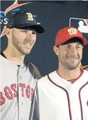  ?? RON BLUM/AP ?? American League pitcher Chris Sale, of the Boston Red Sox, left, poses with National League pitcher Max Scherzer, of the Washington Nationals after they were named the starters for tonight’s game.