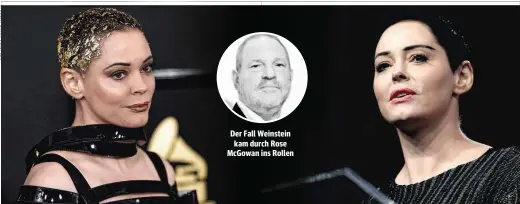  ??  ?? Der Fall Weinstein kam durch Rose McGowan ins Rollen Goldmarie – Pechmarie: Die Schauspiel­erin (o. li. bei den Grammys, 2017) wird wegen Drogen besitzes angeklagt (o. re.)