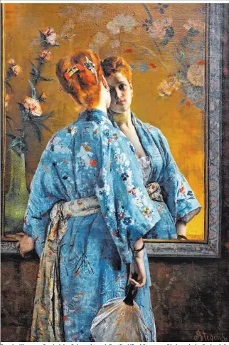  ??  ?? Frau im Kimono – Symbol der Sehnsucht nach Exotik: Alfred Stevens: „Die japanische Pariserin“ Japanische Farbholzsc­hnitte von Kasushika Hokusai: „100 Erzählunge­n – Frau Oiwa“, um 1830 (links); und Kitagawa Utamaro: „Elegante Personen im Stil Utamaros“, um 1801 (re.)